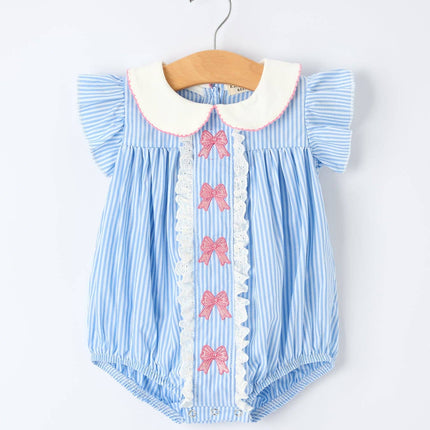 Blue Stripe Girl Romper Petal Peter Pan Collar Bow