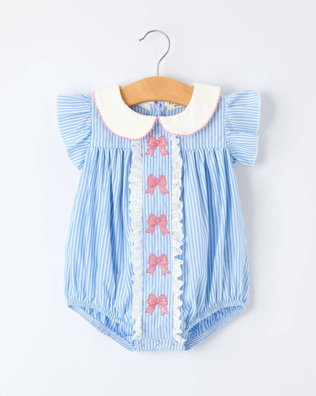 Blue Stripe Girl Romper Petal Peter Pan Collar Bow