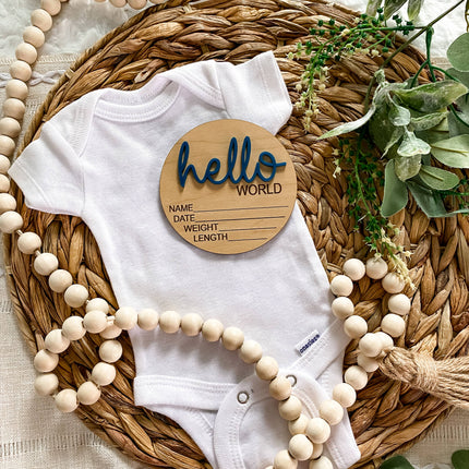 Hello World Birth Stat Announcement Wood Disc - Layered 3D