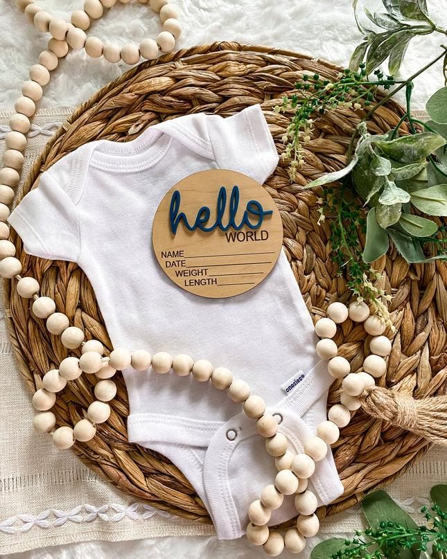 Hello World Birth Stat Announcement Wood Disc - Layered 3D