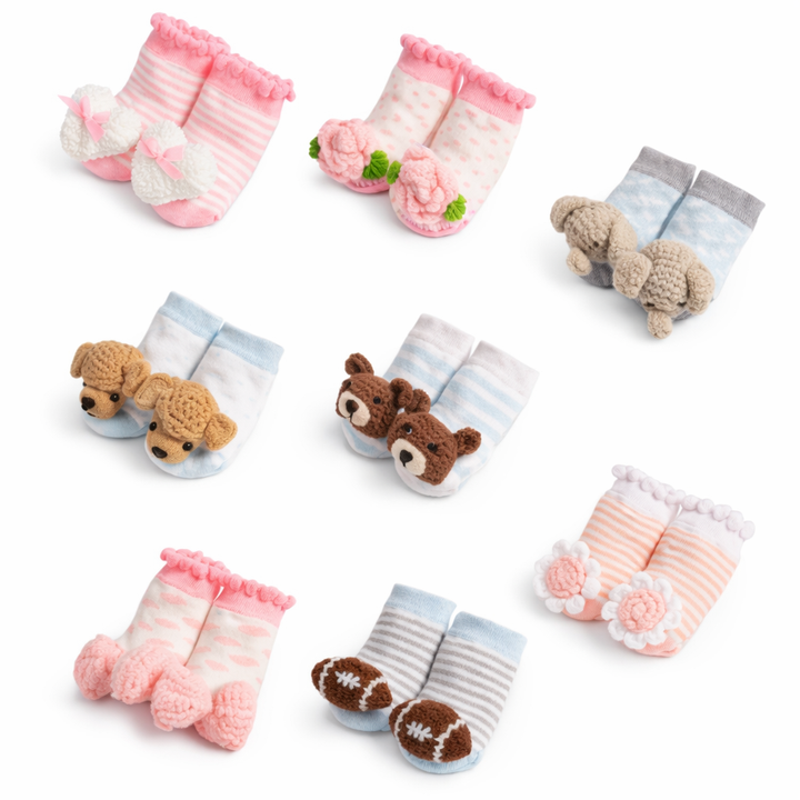 Baby Rattle Socks – Soft Knit Animal & Pom Pom Newborn Socks for Boys & Girls