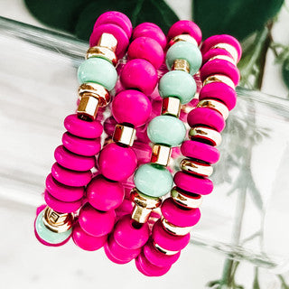 4-Strand Beaded Bracelet Set Pink/Mint