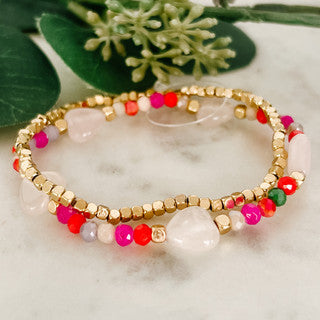 2-Strand Beaded Bracelet Set w/Rose Quartz Heart Beads