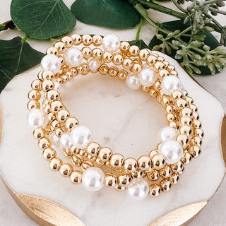 Beaded Bracelet Set Gold and Pearl
