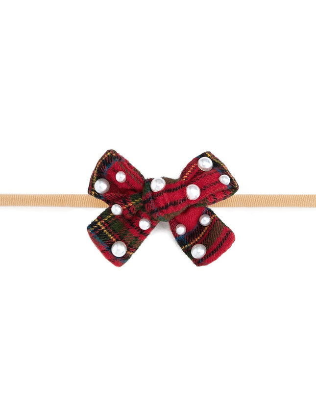 Christmas Tartan Pearl Bow Baby Headband