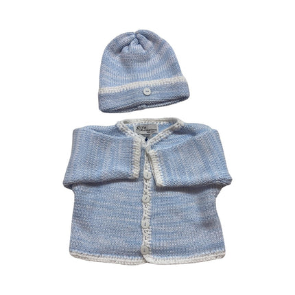 Blue and white tweed cotton sweater and hat set — luxury baby clothing gift
