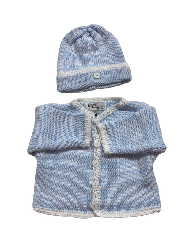 Blue and white tweed cotton sweater and hat set — luxury baby clothing gift