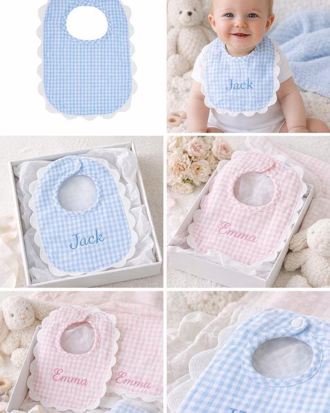 Personalized Gingham Baby Bib with Scalloped Trim – Classic Baby Gift