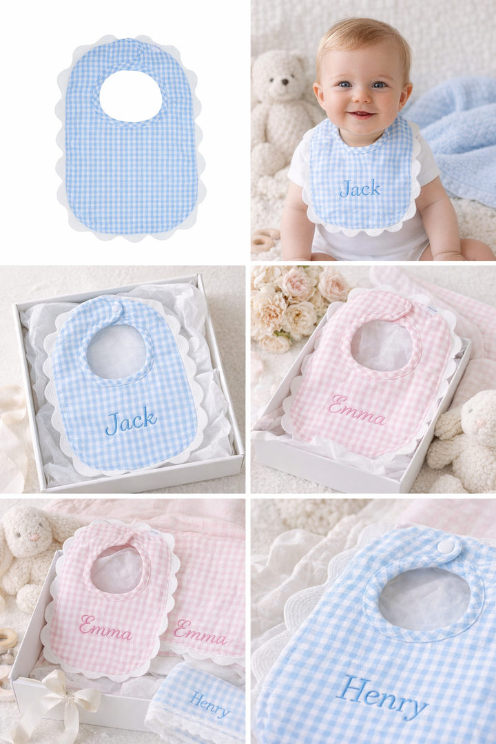 Personalized Blue 0r pink Gingham Baby Bib with Scalloped Trim – Classic Baby Gift