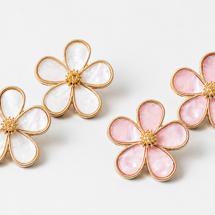 Pink & White Floral Stud Earrings | Gold Flower Statement Earrings