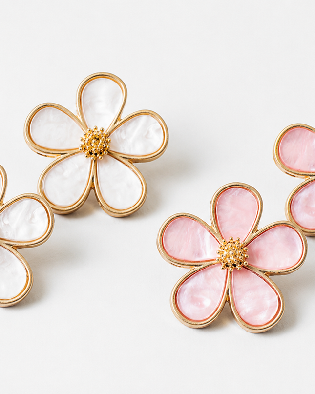 Pink & White Floral Stud Earrings | Gold Flower Statement Earrings