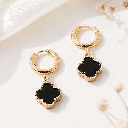 Gold Black Clover Hoop Earrings | Elegant Charm Drop Earrings