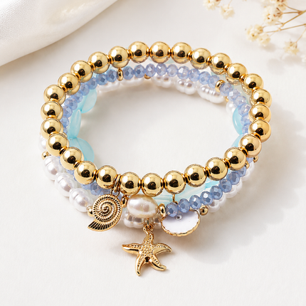 Coastal Charm Beaded Bracelet Stack | Gold & Blue Stretch Bracelets