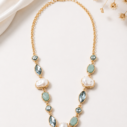 Gold Pearl & Blue Gemstone Statement Necklace | Elegant Coastal Jewelry