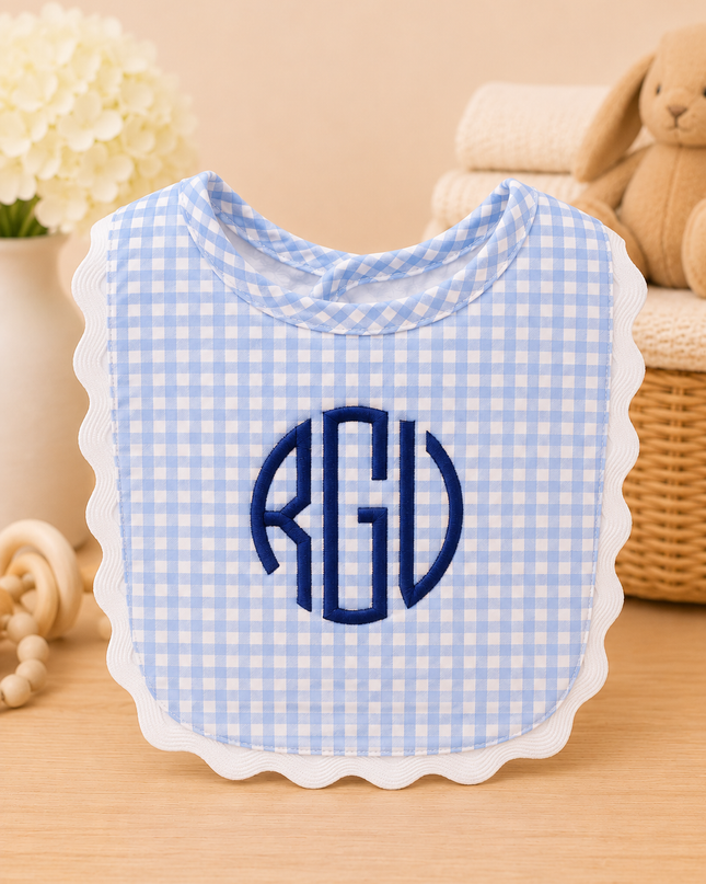 Personalized Blue Gingham Scallop Bib