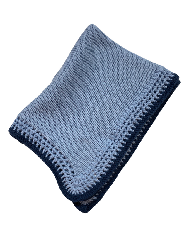 Blue with Navy Trim Tweed Hand Knit Blanket
