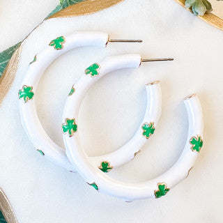 Enamel Hoop Earrings-White with Green Shamrocks