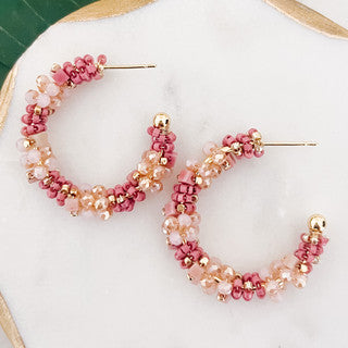Beaded Hoop Earrings-Pink