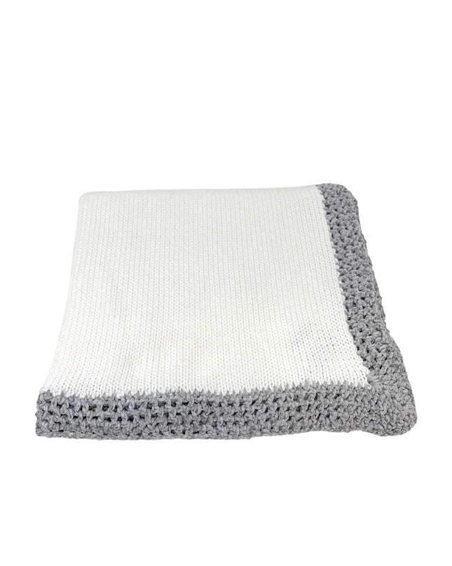 White and grey hand knit blanket — luxury baby shower gift