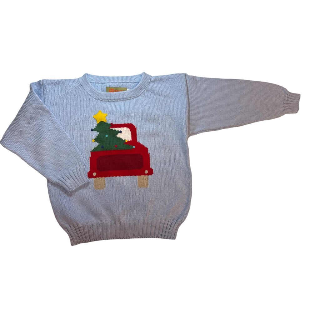 Kids Sweater-Crew neck Truck W/Tree-Sky Blue