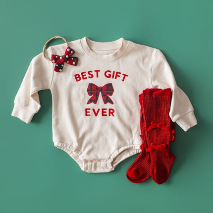 Sweet Wink Best Gift Ever Patch Christmas Long Sleeve Romper flat lay