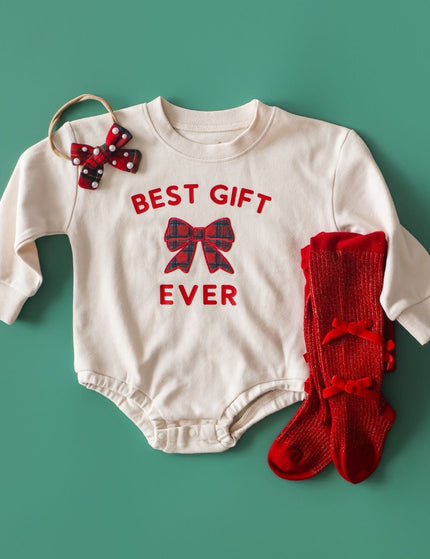 Sweet Wink Best Gift Ever Patch Christmas Long Sleeve Romper flat lay