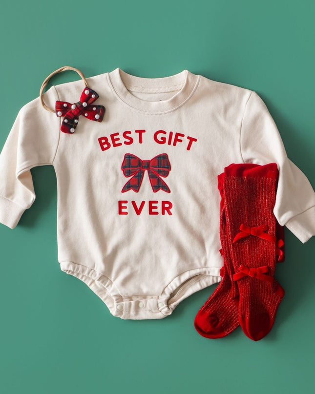 Sweet Wink Best Gift Ever Patch Christmas Long Sleeve Romper flat lay
