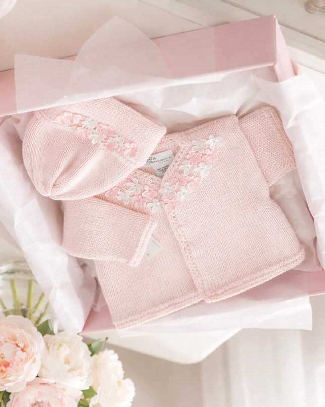 Pink Hand Knit Sweater and Hat with Pearl Flowers