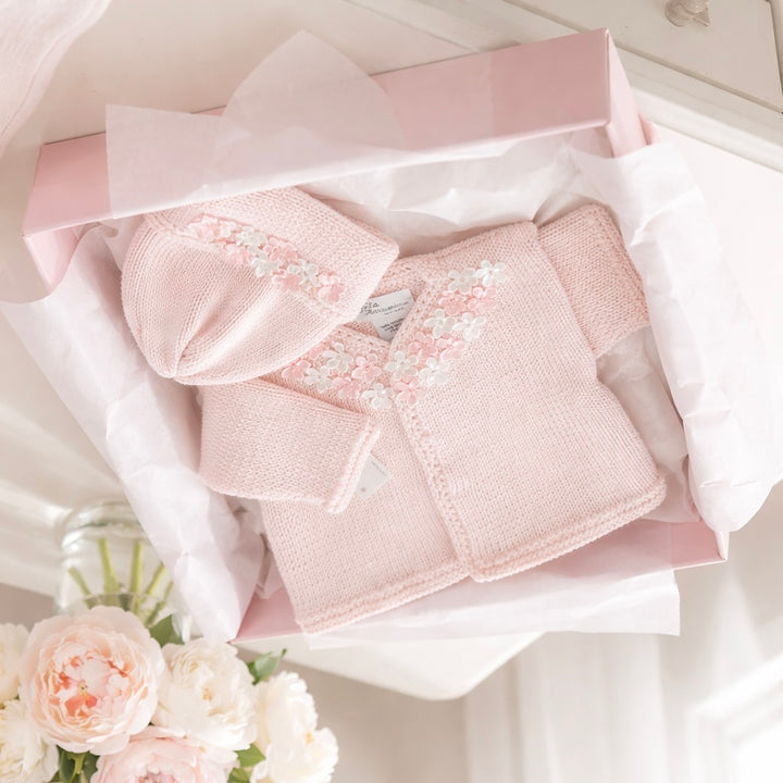 Pink Hand Knit Sweater and Hat with Pearl Flowers