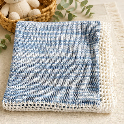 Blue & White Hand-Knit Baby Blanket – Soft Cotton Knit Newborn Receiving Blanket for Baby Boy  Gift