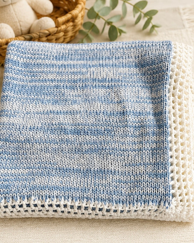 Blue & White Hand-Knit Baby Blanket – Soft Cotton Knit Newborn Receiving Blanket for Baby Boy  Gift