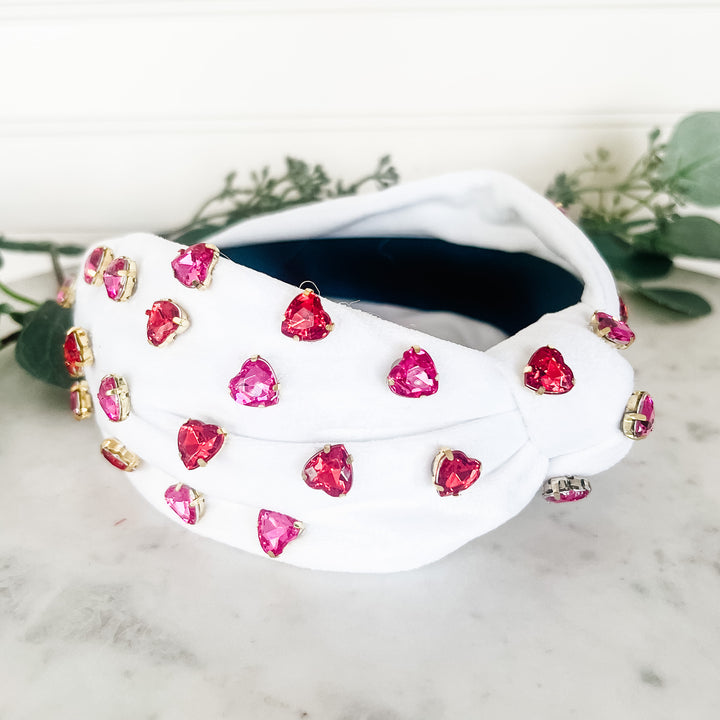 Heart Gemstone Embellished Headband - White