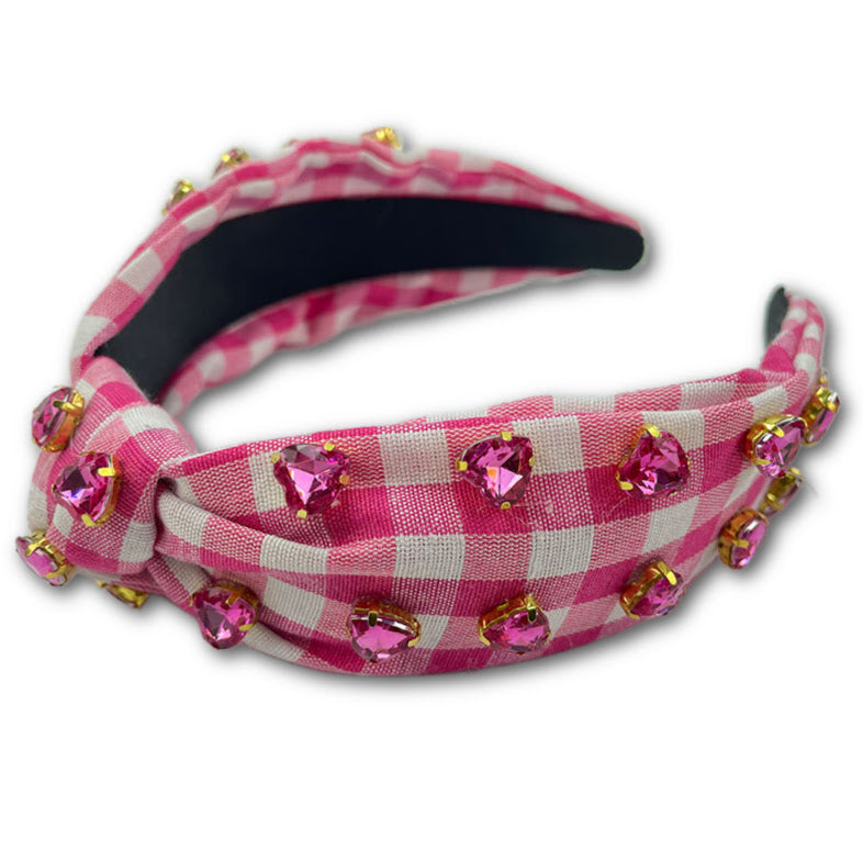 Gingham Headband with Heart Gemstones-Pink and White