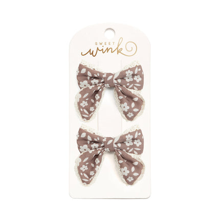 Mocha Floral Lace Bow Clip Set