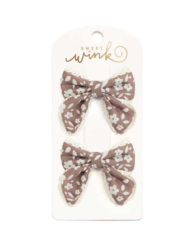 Mocha Floral Lace Bow Clip Set