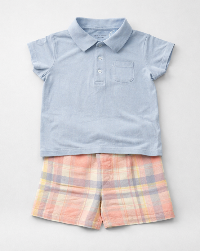 Baby Boy Blue Polo Shirt And Plaid Shorts Set – Classic Toddler Summer Outfit