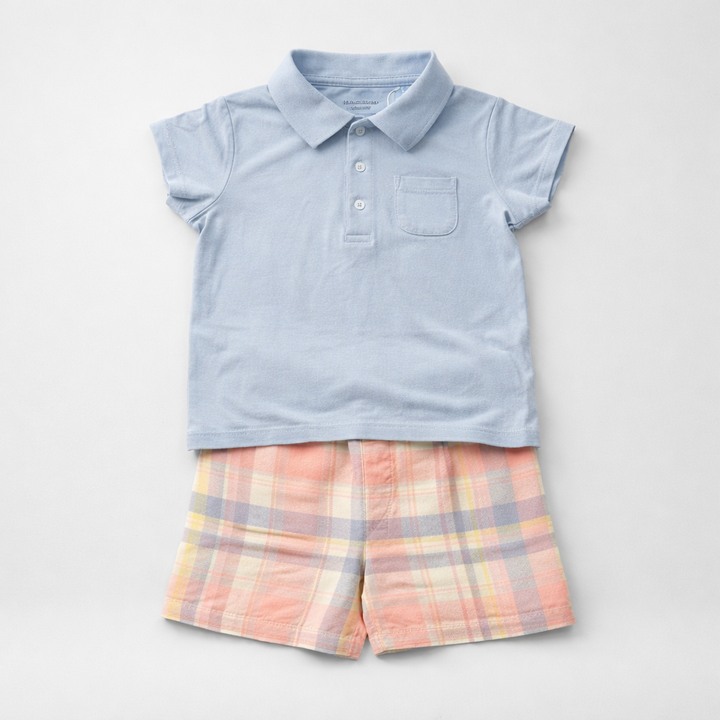 Baby Boy Blue Polo Shirt And Plaid Shorts Set – Classic Toddler Summer Outfit