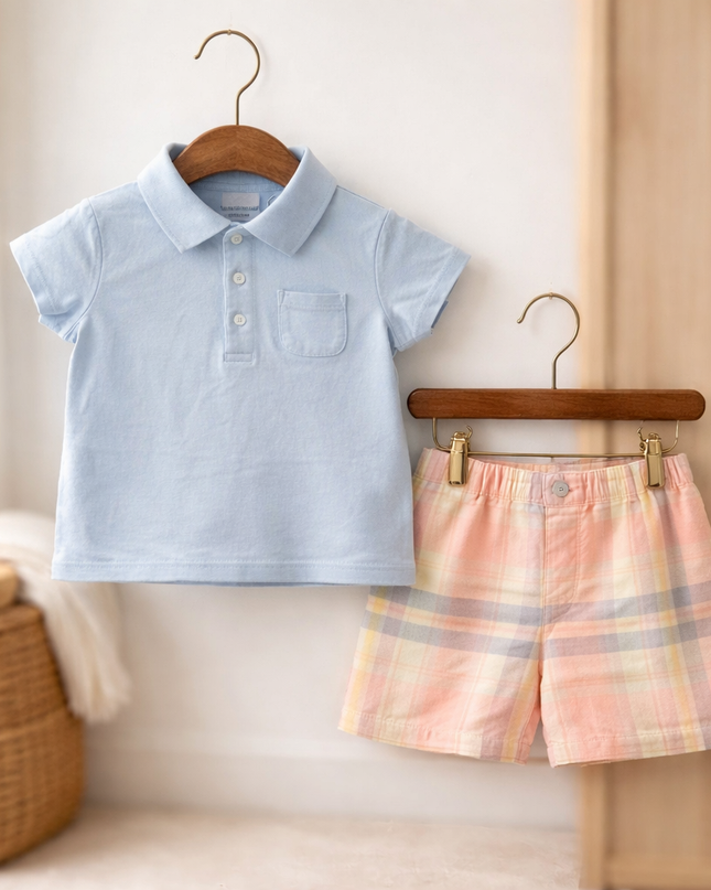 Baby Boy Blue Polo Shirt And Plaid Shorts Set – Classic Toddler Summer Outfit