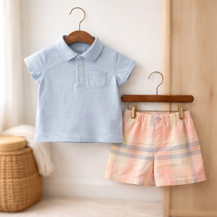 Baby Boy Blue Polo Shirt And Plaid Shorts Set – Classic Toddler Summer Outfit