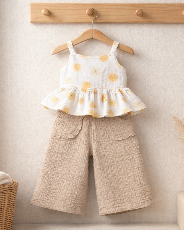 Baby Girl Happy Sun Peplum Top And Gauze Pants Set – Toddler Summer Outfit