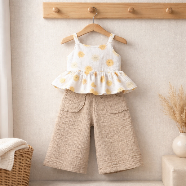 Baby Girl Happy Sun Peplum Top And Gauze Pants Set – Toddler Summer Outfit