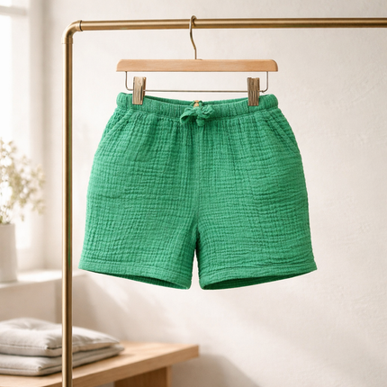 Green Cotton Gauze Shorts – Soft Elastic Waist Summer Shorts For Kids