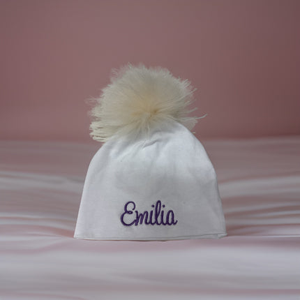 Personalized cotton hat with fur pom — embroidered name, baby and toddler winter gift