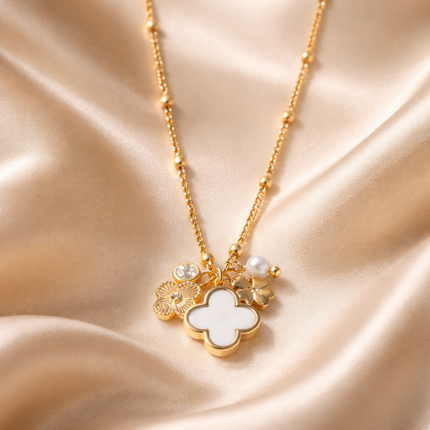 Gold Clover Charm Necklace | Gold Dipped Layered Pendant Necklace with CZ & Pearl Accent