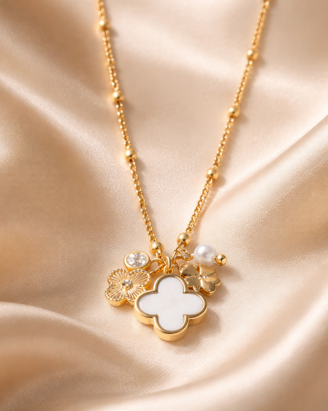 Gold Clover Charm Necklace | Gold Dipped Layered Pendant Necklace with CZ & Pearl Accent