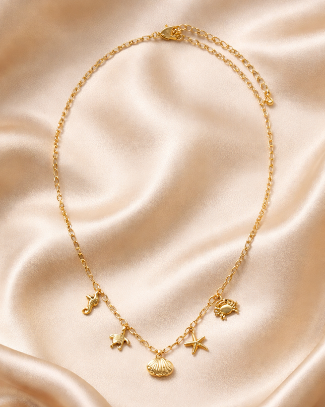 Gold Coastal Charm Necklace | Starfish Shell Seahorse Beach Pendant Necklace Gift for Her