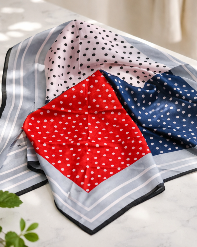 Color Block Polka Dot Silk Scarf – Red, Navy & Blush Patterned Square Scarf