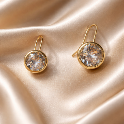 Gold Bezel Crystal Drop Earrings | Elegant Round Sparkle Earrings for Everyday & Special Occasions