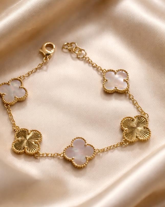Gold Clover Bracelet with Mother of Pearl | Elegant Floral Charm Bracelet