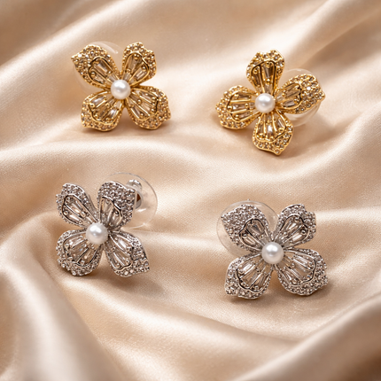 Crystal Flower Stud Earrings with Pearl Center | Gold & Silver Floral Statement Earrings